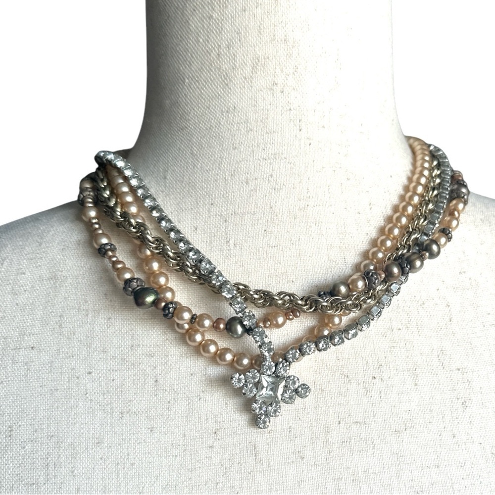 Vintage Multi-Strand Pearl Rhinestone Necklace Statement Repurposed Jewelry